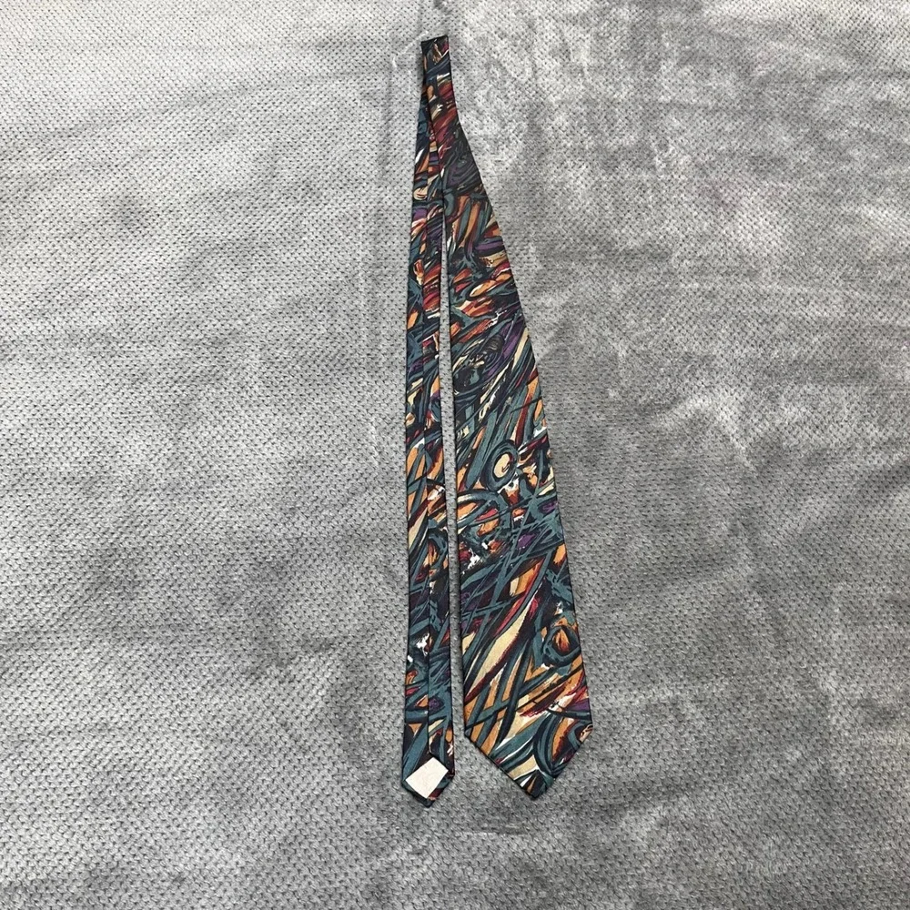 Pierre Balmain Paris Mens Silk Tie Abstract Painterly Print Teal Burgundy Gold